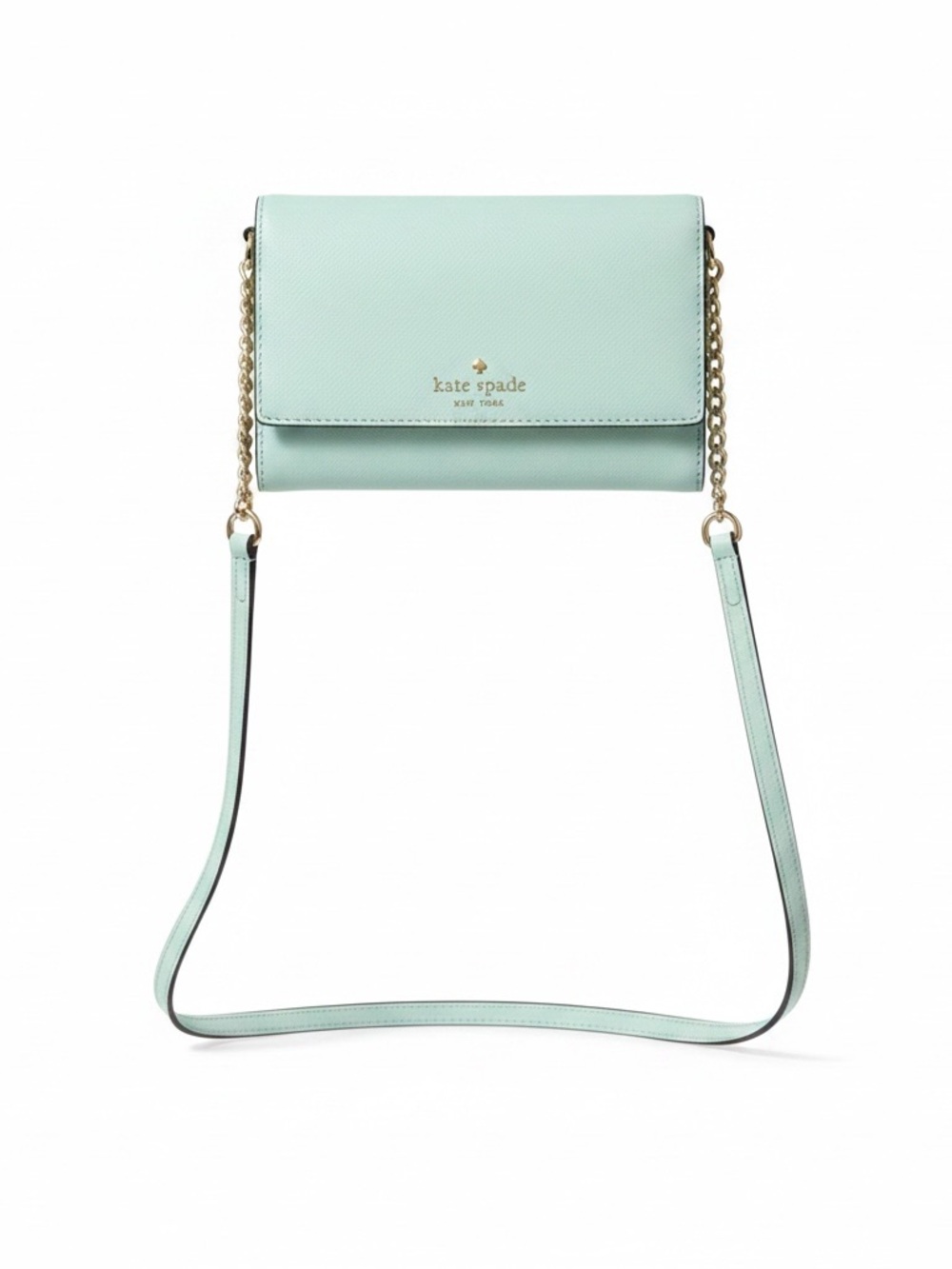 kate spade mint green crossbody wallet with gold logo